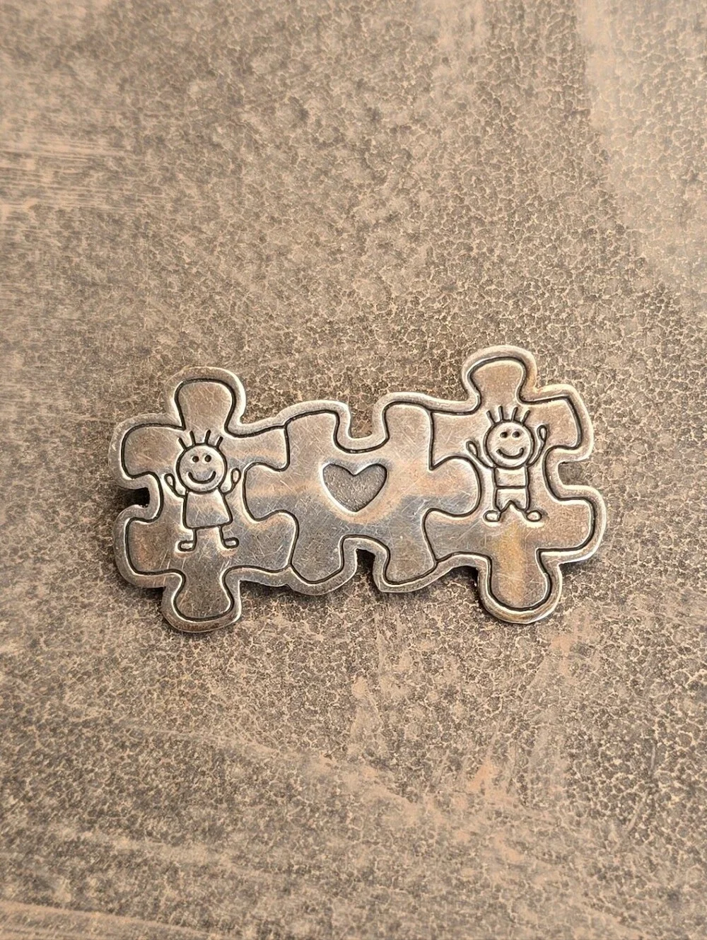 Vintage solid 925 sterling silver Autism awareness children heart puzzle pieces